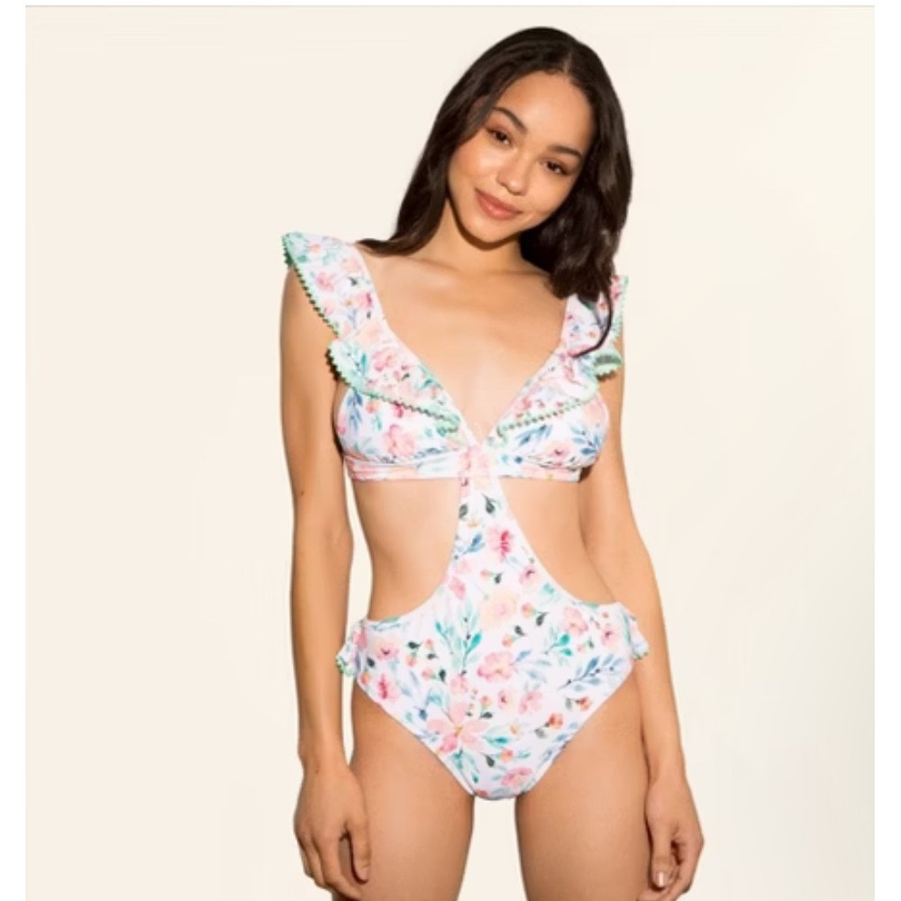 Sugar‎ Coast Floral Ruffle One Piece Swimsuit White Lolli Swims Cutout S